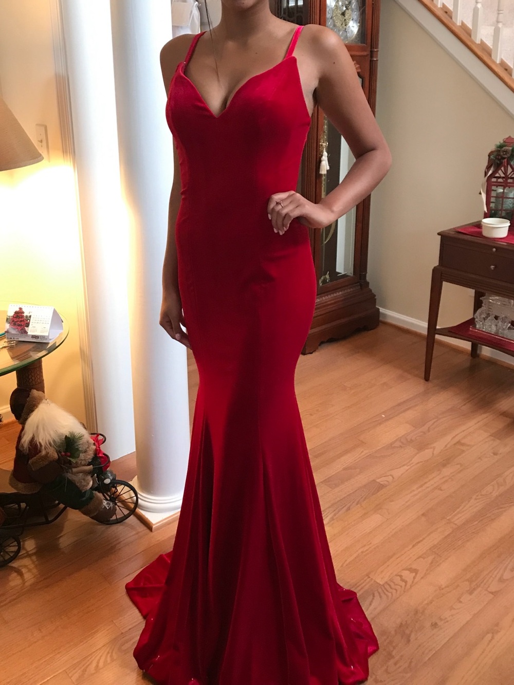 Jovani Red Satin V-Neck Mermaid Gown